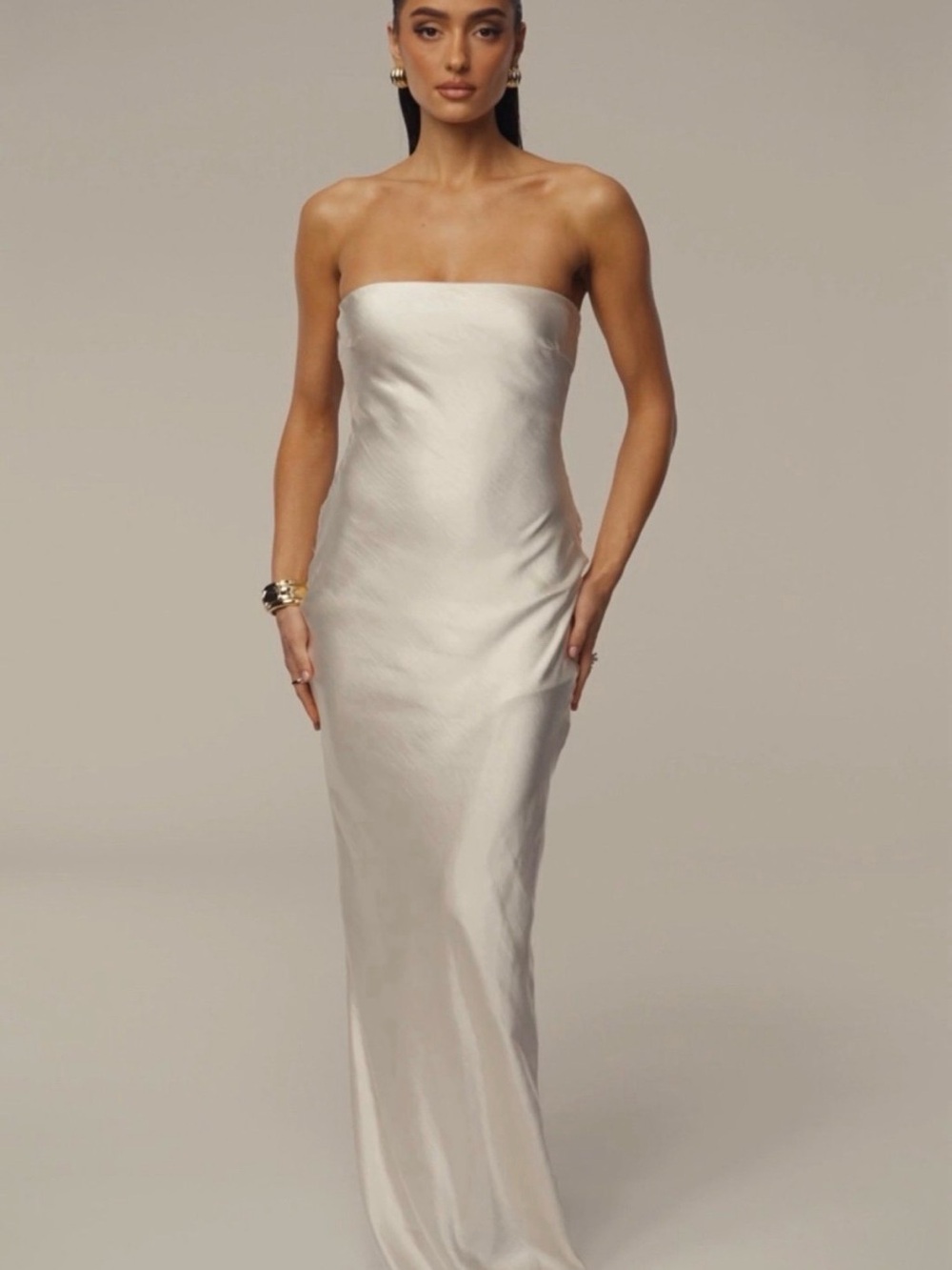 JLUXLABEL Strapless Satin Column Gown in Ivory